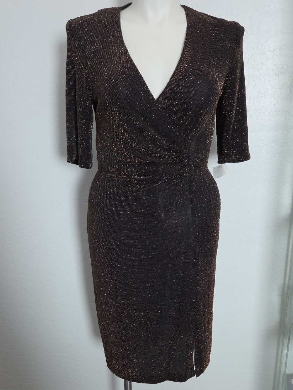connected apparel Gold Metallic On Black Wrap-Front Midi Dress